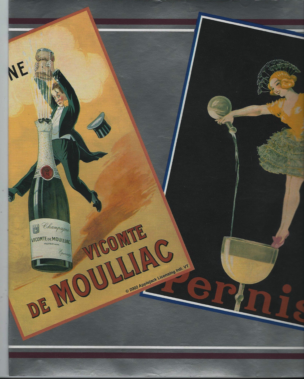 VINTAGE CHAMPAGNE FRENCH ADVERTISING SIGNS ON SILVER WALLPAPER BORDER