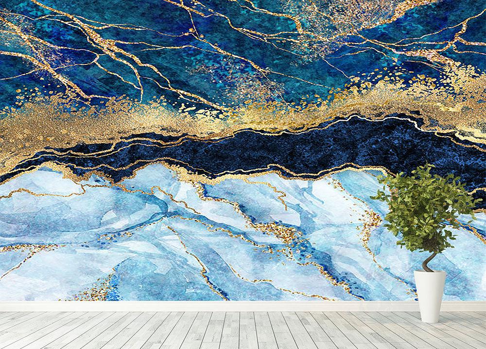 Blue And Gold Layered Marble Wall Mural Wallpaper S Art Rocks