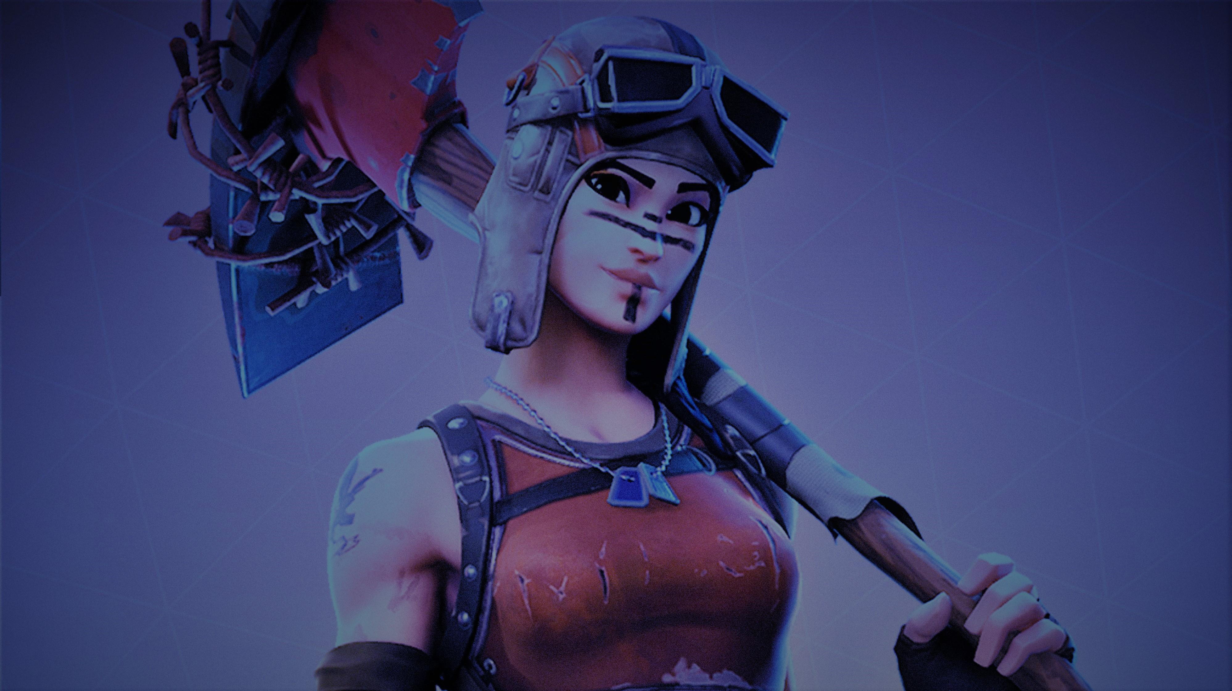 A fierce female raider from Fortnite, known as Renegade Raider, stands against a purple backdrop, wielding her signature pickaxe. She wears an aviator cap, a brown tank top, and war paint, embodying the battle-hardened spirit of the game