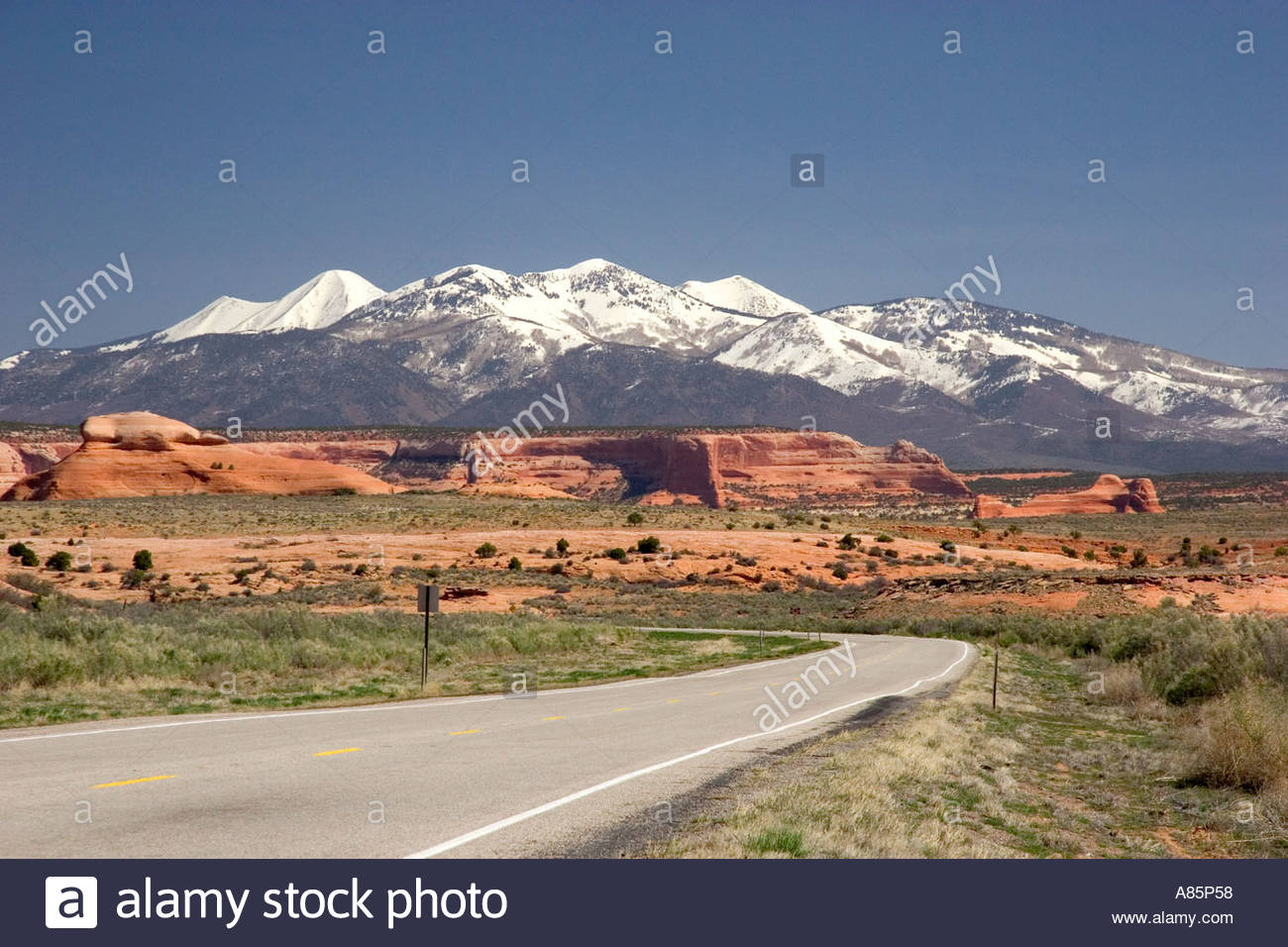 Us Highway South Of Moab Utah La Sal Mountain Range In The