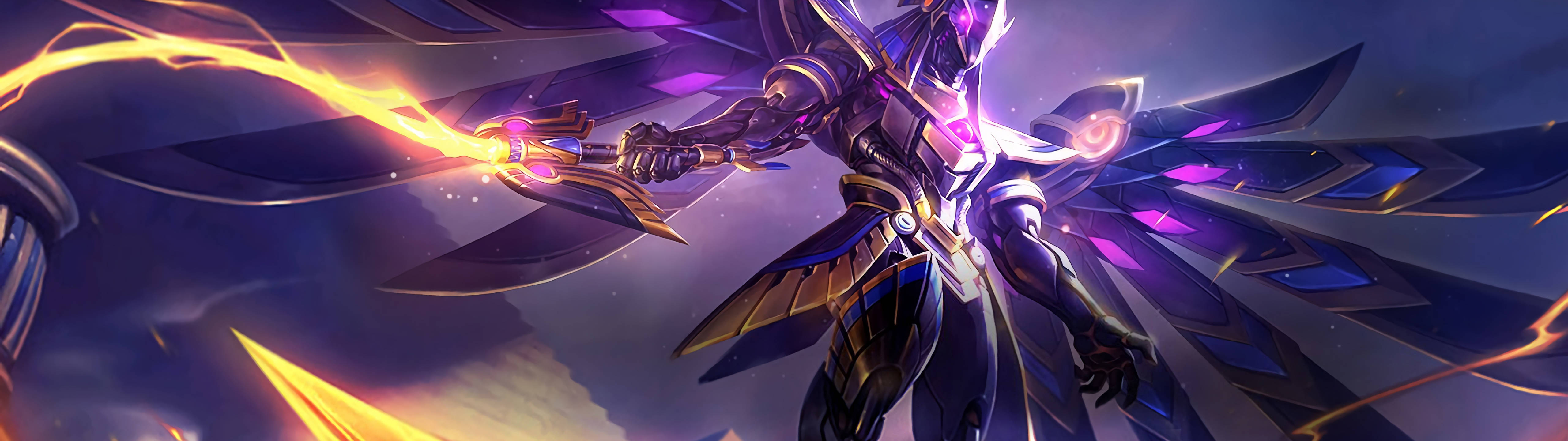 A majestic, winged, robotic figure against a cosmic backdrop, wielding a staff emitting radiant energy. Ultrawide 5120x1440 resolution wallpaper