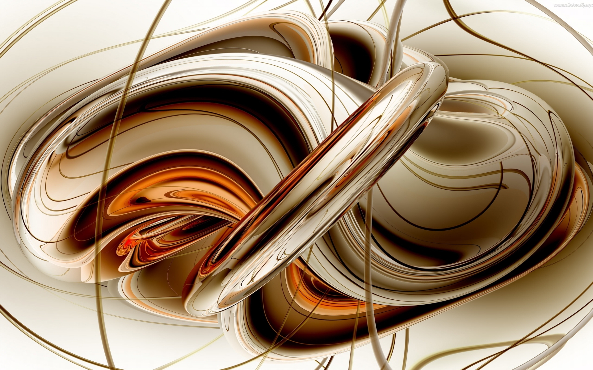 Abstract 3D render of swirling metallic shapes in shades of bronze and gold, resembling ribbons or fluid forms