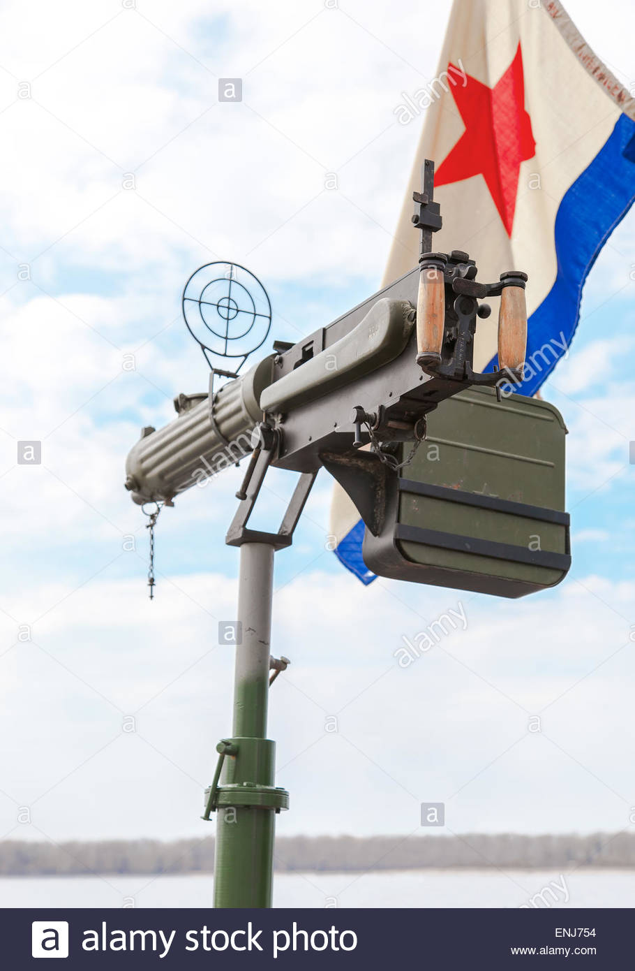 Old Anti Aircraft Machine Gun Maxim In The Background Of Flag