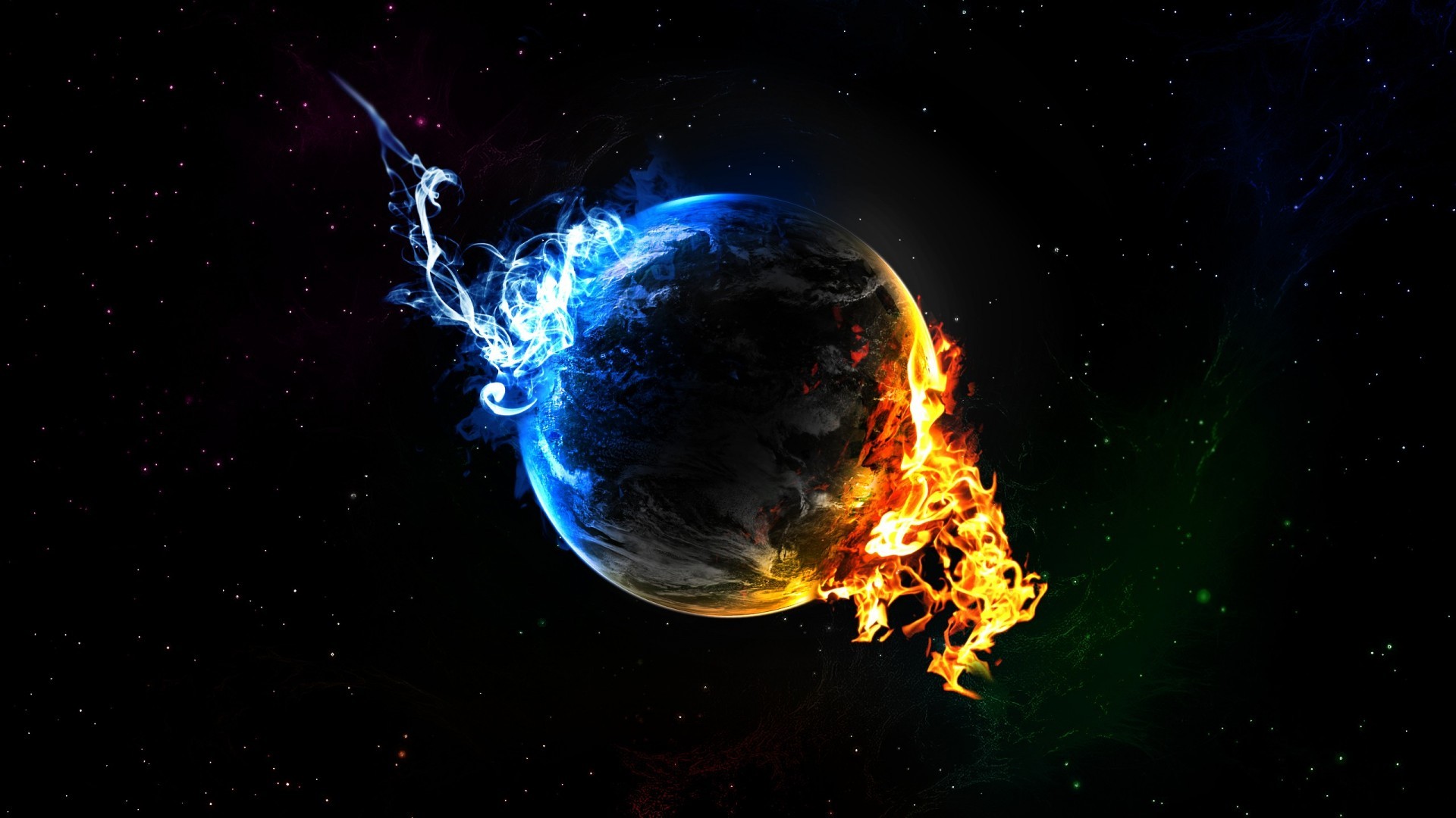 A cool wallpaper featuring a planet engulfed in flames and ice, set against a starry backdrop