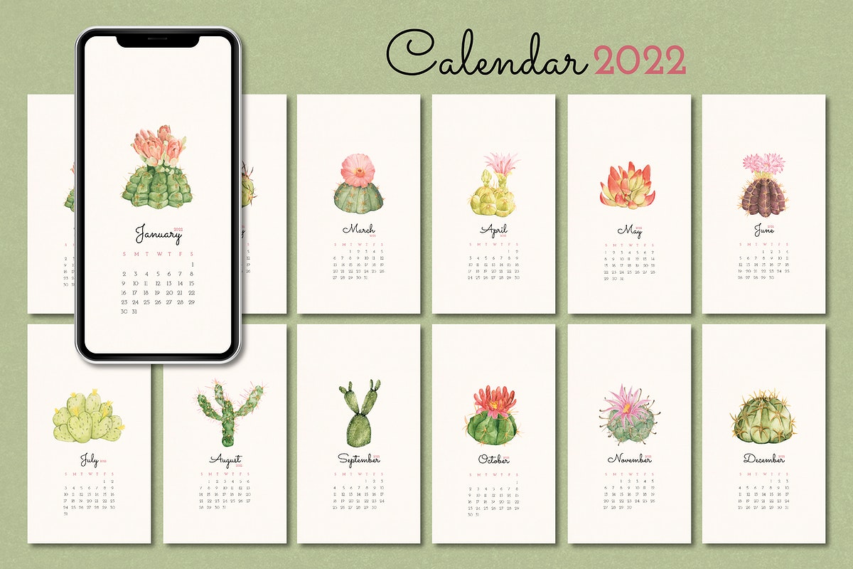 2022 monthly calendar template cactus PSD   rawpixel 1200x800