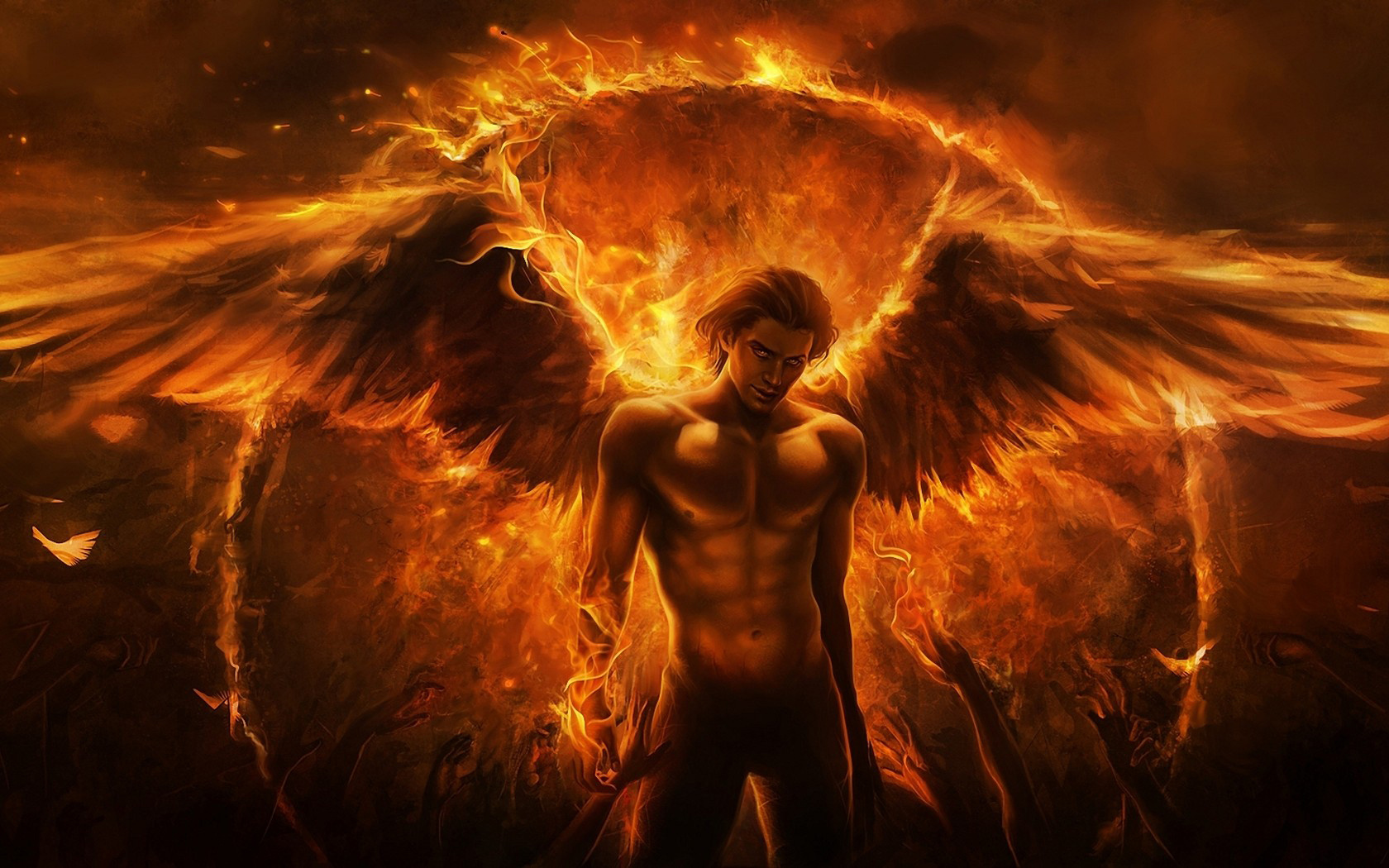 Wallpaper Man Angel Fire Wing Hand Flame Desktop 3d