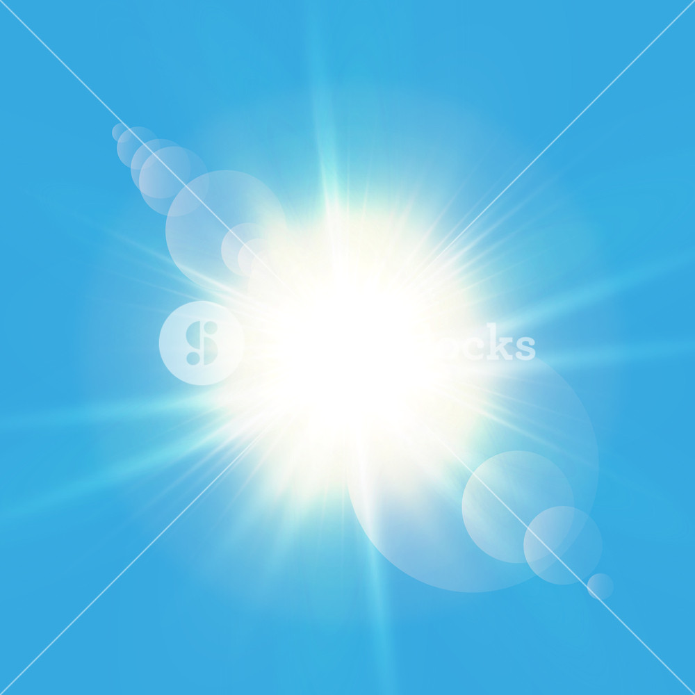 Realistic Shining Sun With Lens Flare Blue Sky Clouds