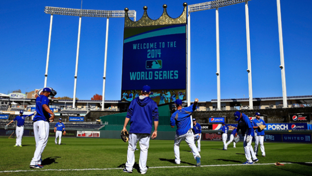 The Kansas City Royals practice during World Series media day at