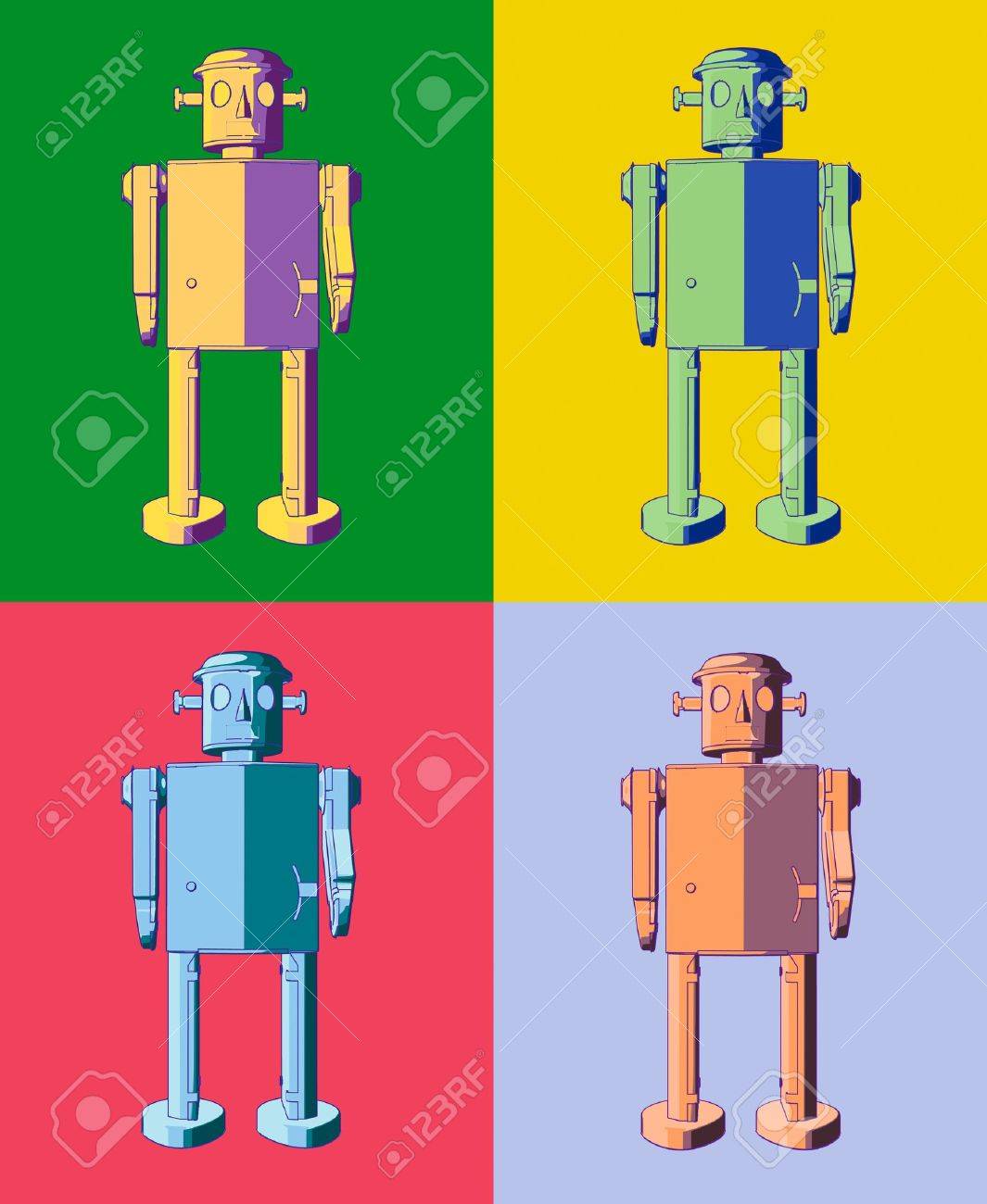 Warhol Style Illustration Of Four Tin Toy Robots Each On