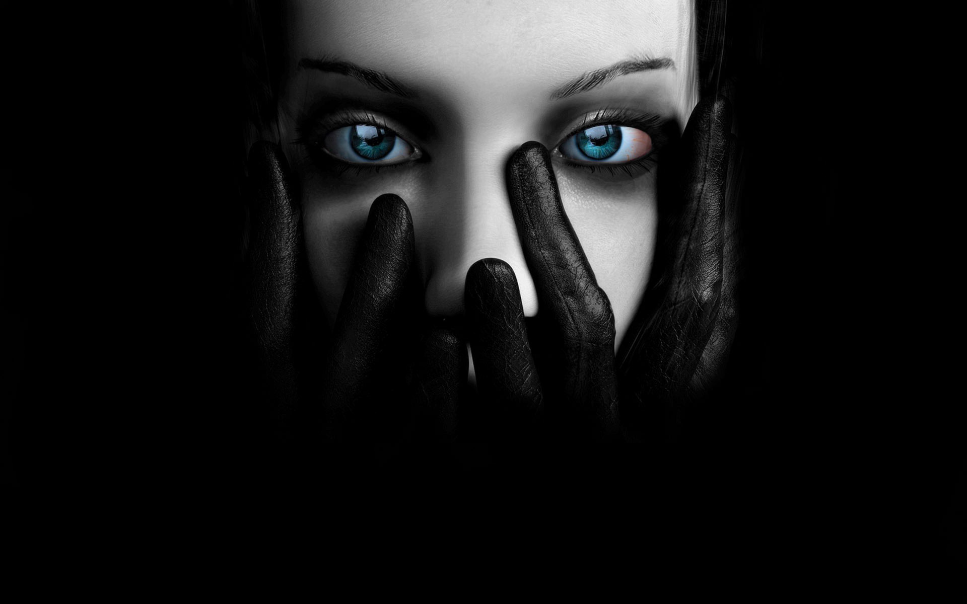 Sky Blue Eye Girl Hiding Her Face With Haer Hands Black
