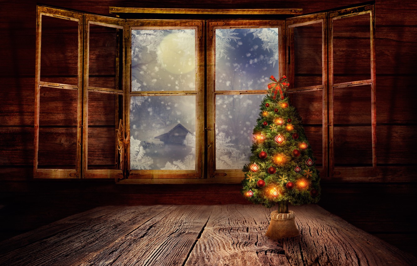 Wallpaper snow night the moon window tree shutters Christmas 1332x850