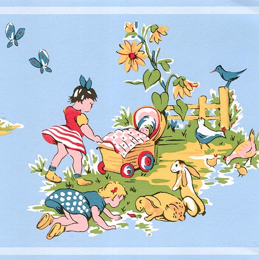 Playtime Border 1960s Style Wallpaper With Children Playing