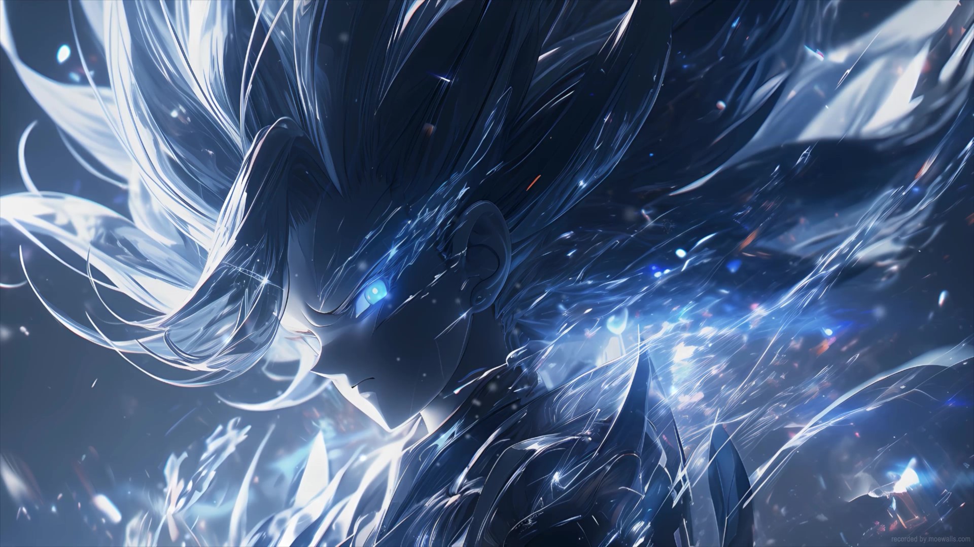Anime character with glowing blue eyes and flowing white hair amidst a dynamic, energetic background, suitable for a live wallpaper