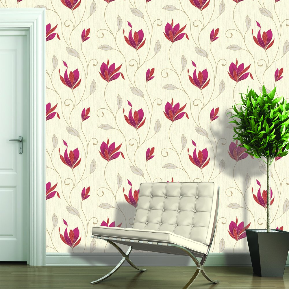 Vymura Synergy Glitter Floral Wallpaper Rich Red Cream Gold