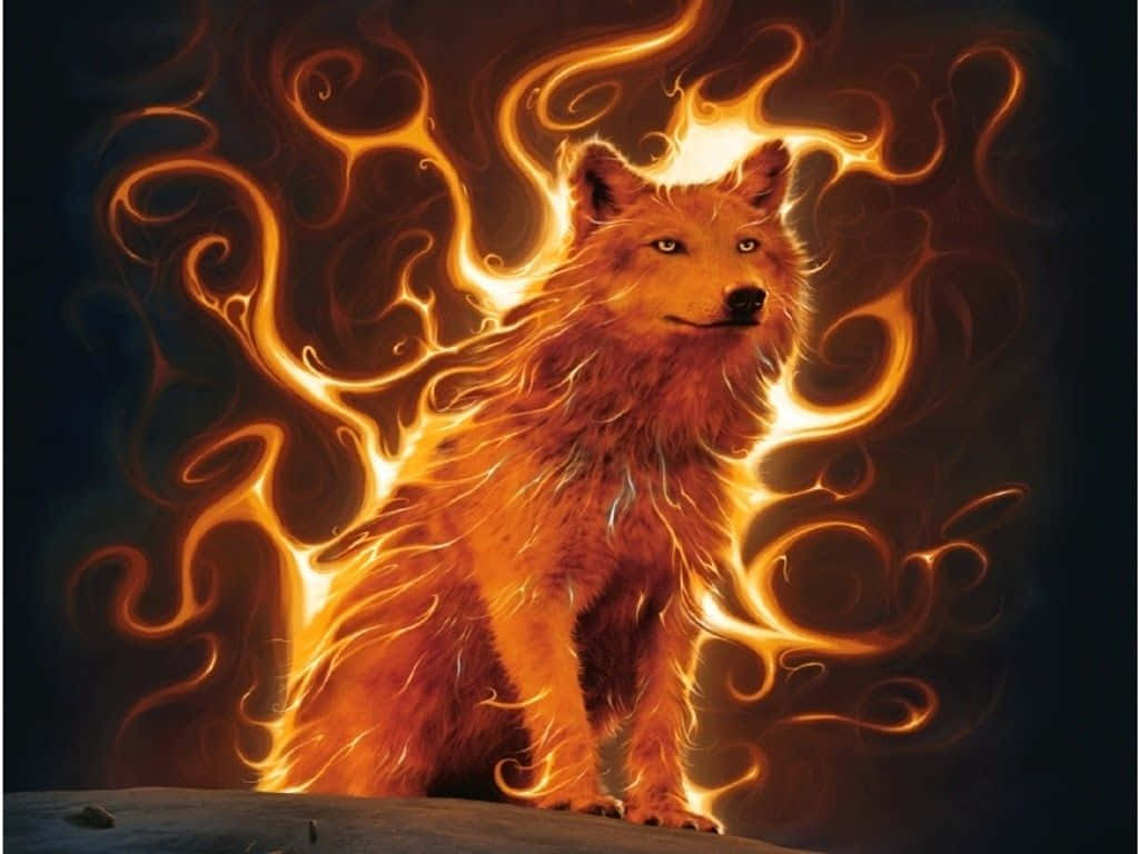 A Magnificent Fire And Water Wolf Against Backdrop Of Wallpaper