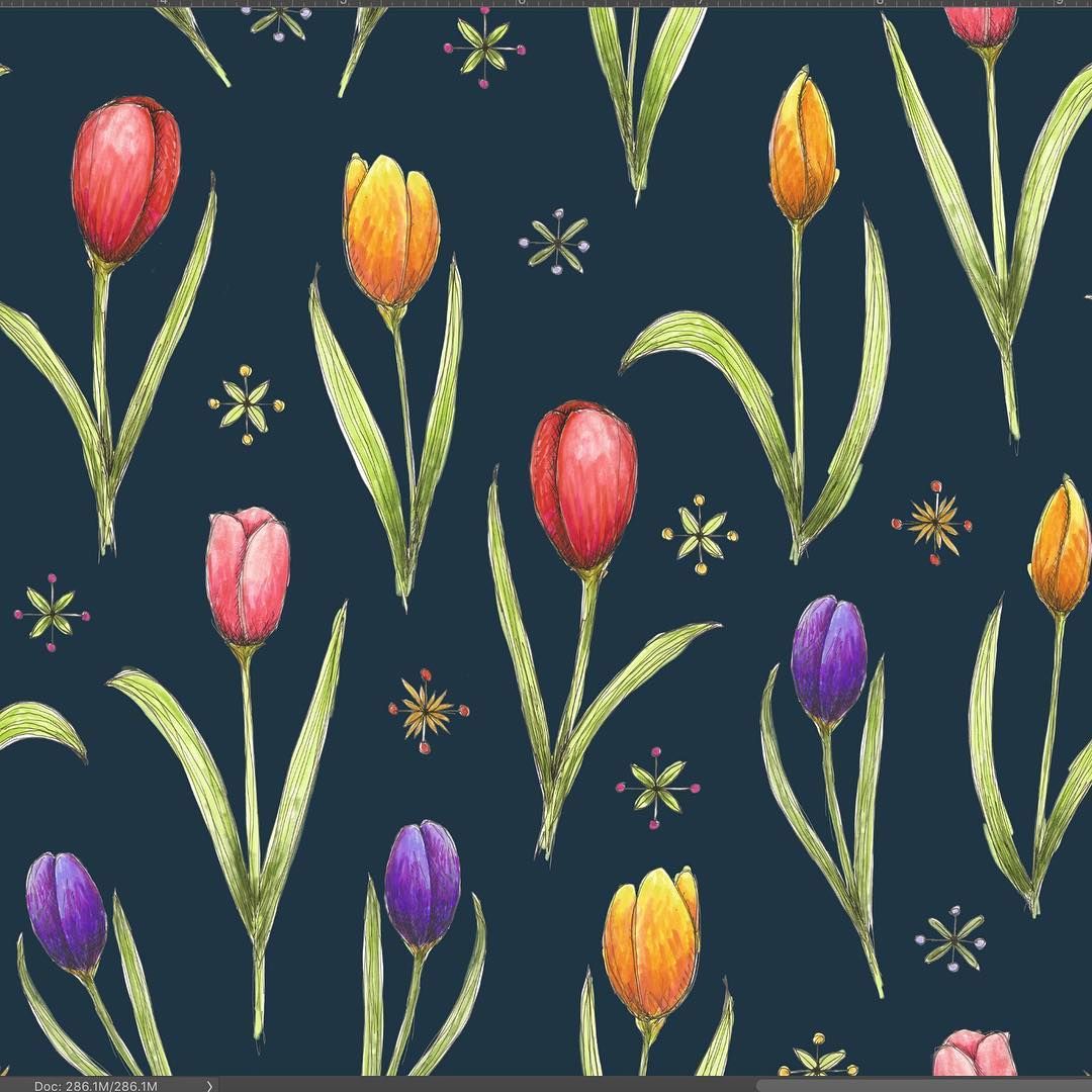 Bright Tulip Pattern On Navy Blue Stacey Walker Oldham Dark