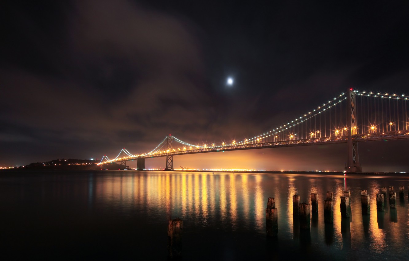 Wallpaper Night Bridge Lights River San Francisco Piles Us