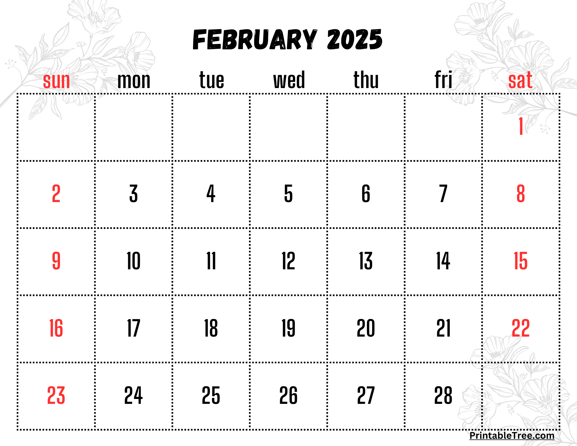 February 2025 calendar with floral design. Useful for desktop and mobile wallpapers