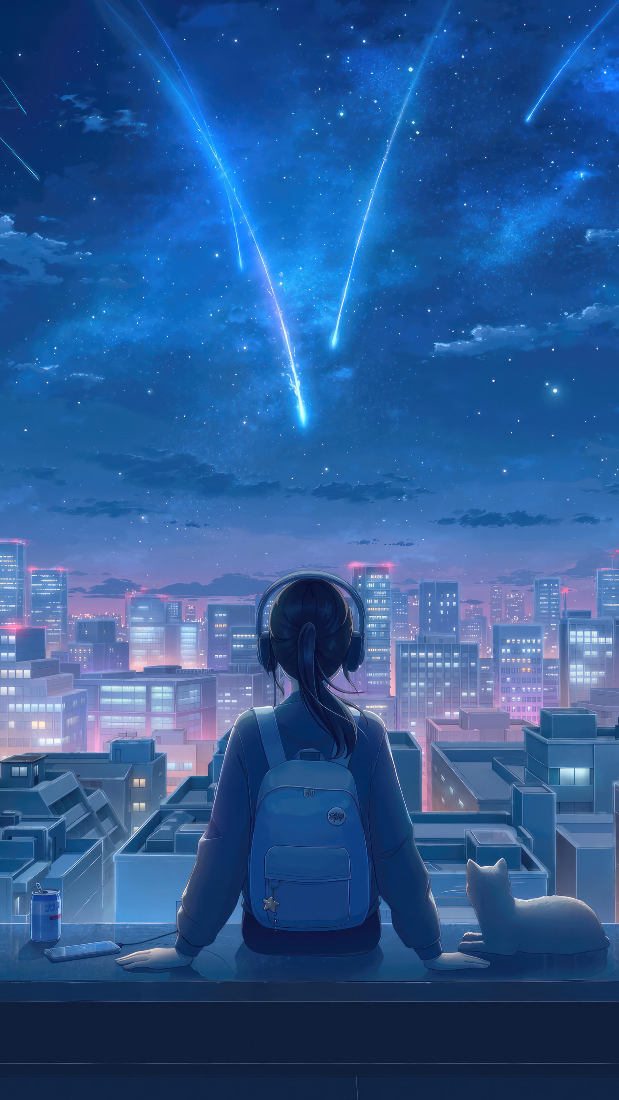 Anime Girl Alone Cat Night Sky Stars City Scenery 4K Wallpaper