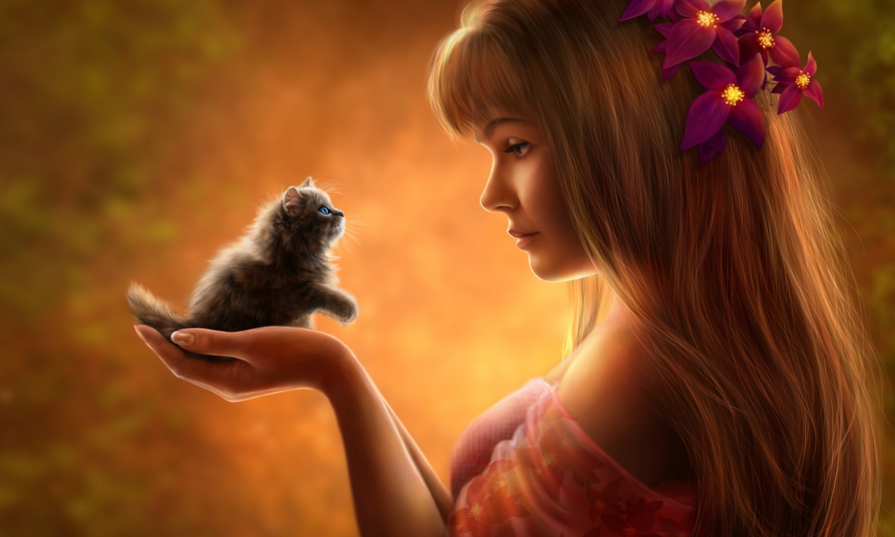 Girl And Kitten Wallpaper