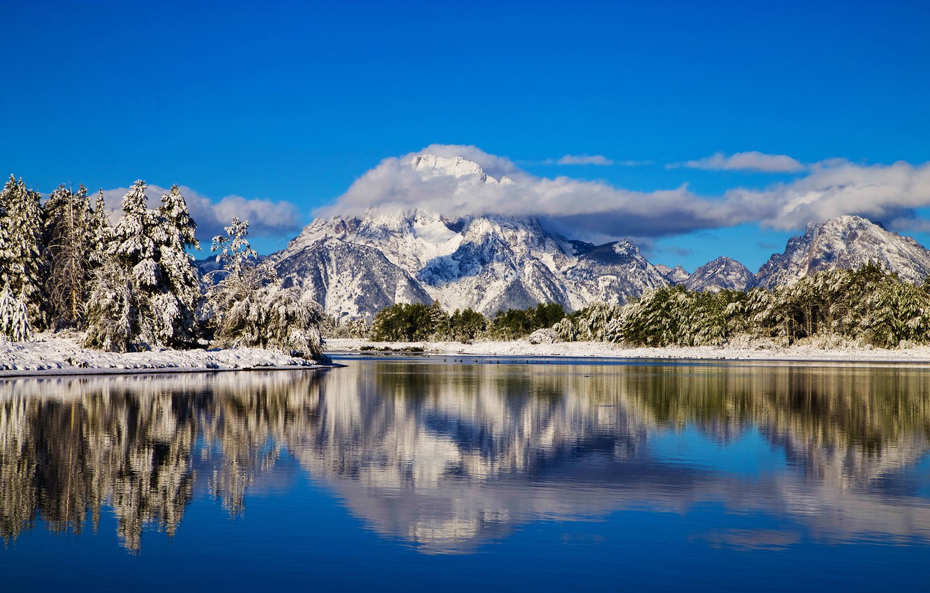 Wallpaper Winter Clouds Mountains Reflection River Wyoming