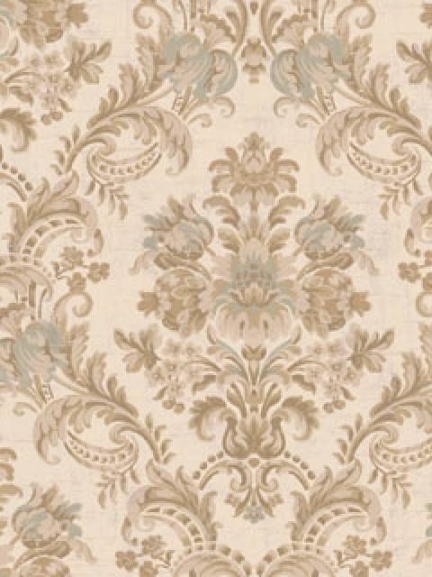 Floral Damask Wallpaper Blue And Taupe Traditional