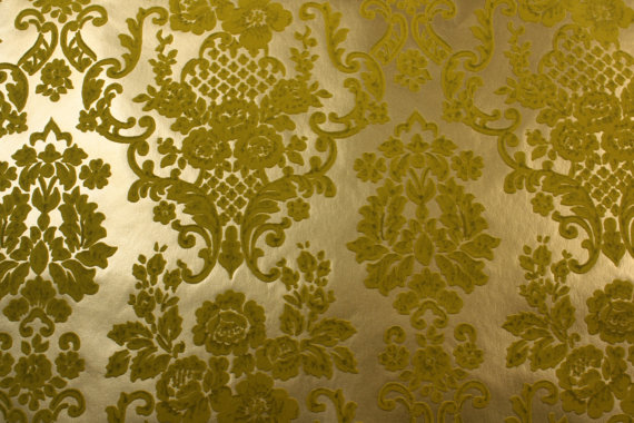 S Vintage Wallpaper Green Flocked Damask On Metallic Gold