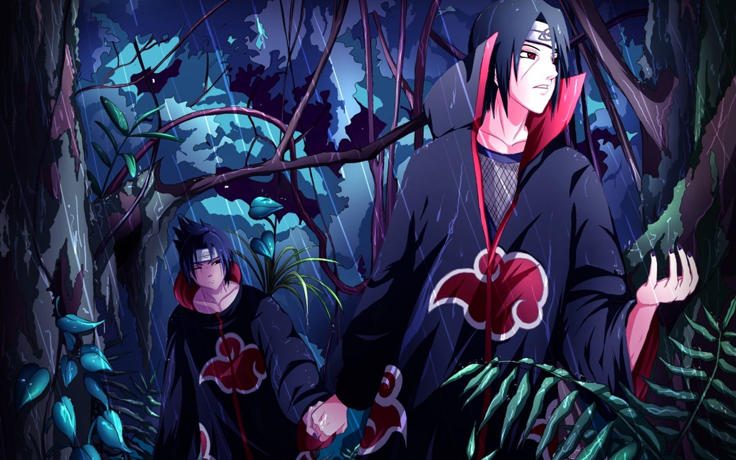 Uchiha Itachi Sasuke Akatsuki Anime Wallpaper HD g02 Forest Raining 1440x900