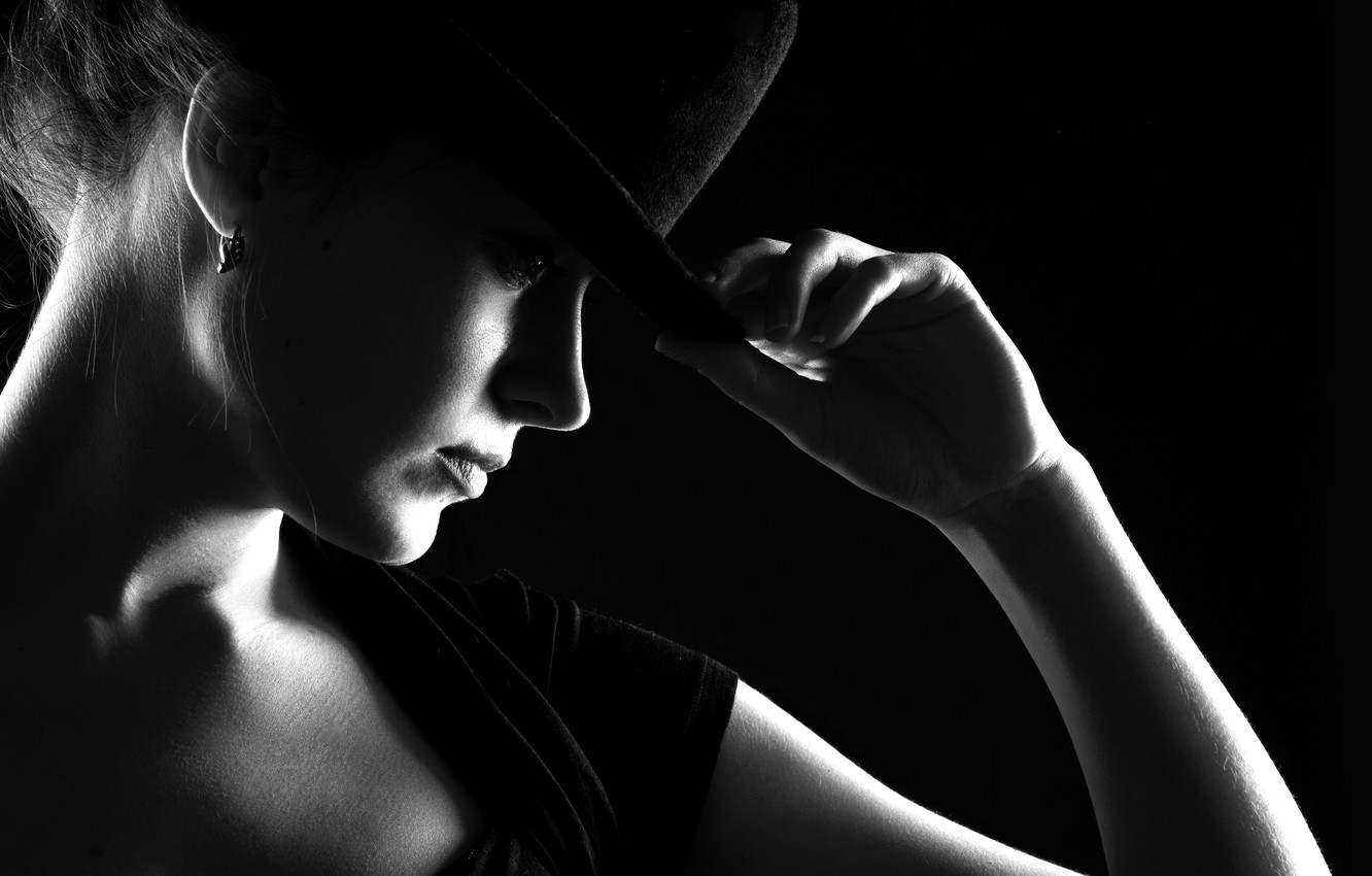Wallpaper Girl Hat Black And White Noir
