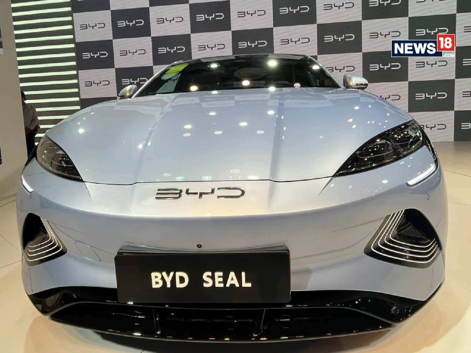 Front view of a BYD Seal electric car, showcasing its sleek design and BYD logo