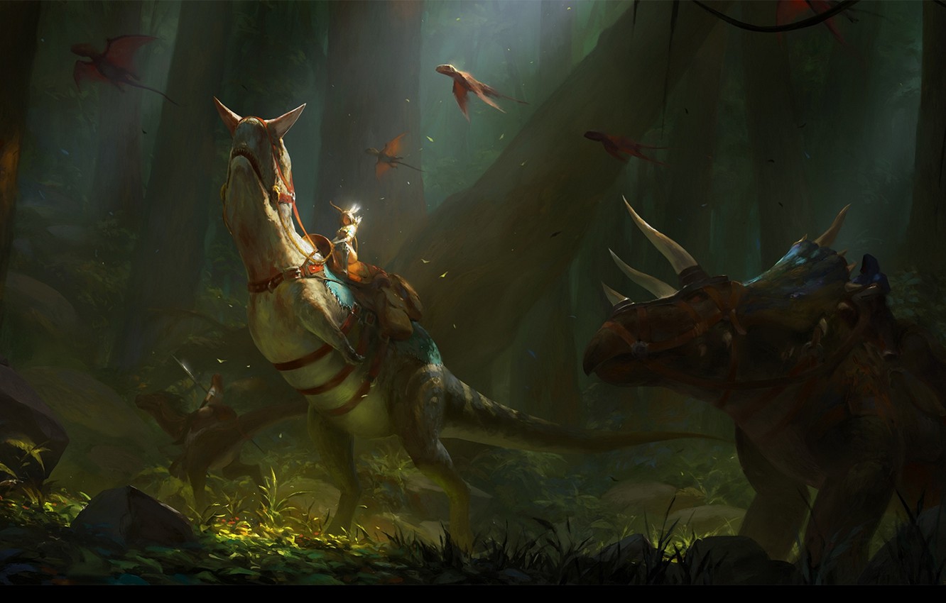 Wallpaper forest figure dinosaur fantasy art rider fantasy