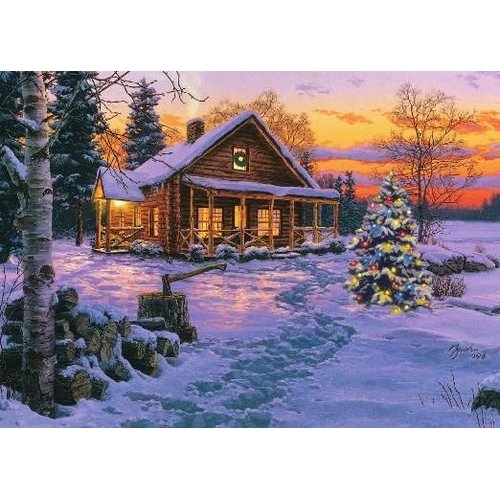Log Cabin Christmas Winter Scene