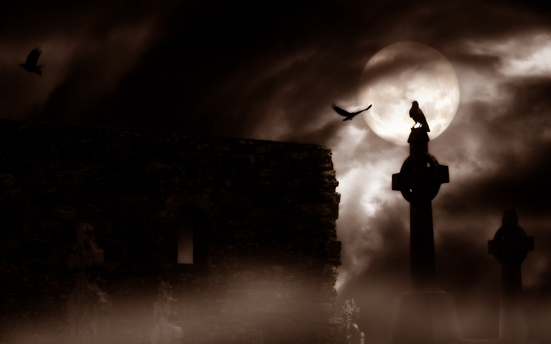 Dark Horror Gothic Raven Cemetery Graveyard Halloween Wallpaper