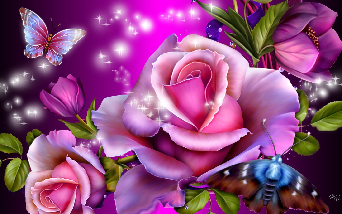 Purple Roses And Butterflies Desktop Wallpaper