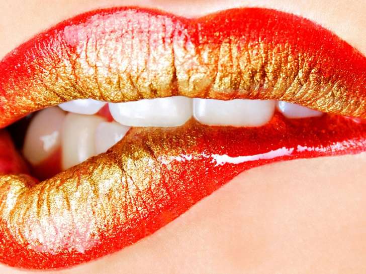 Lips Gold Kiss Lipstick Mouth Red Teeth High Quality Wallpaper
