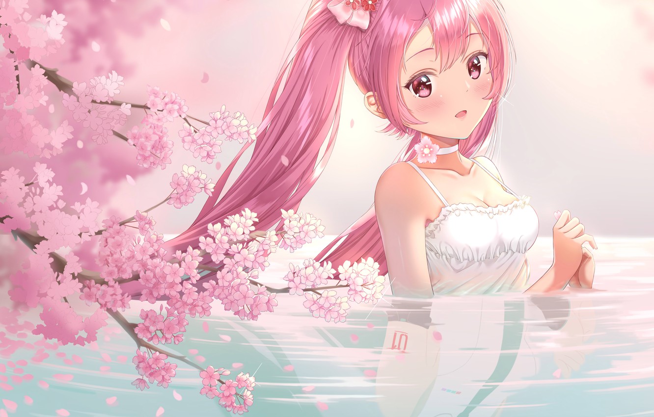 Wallpaper water girl lake spring Sakura Hatsune Miku pink