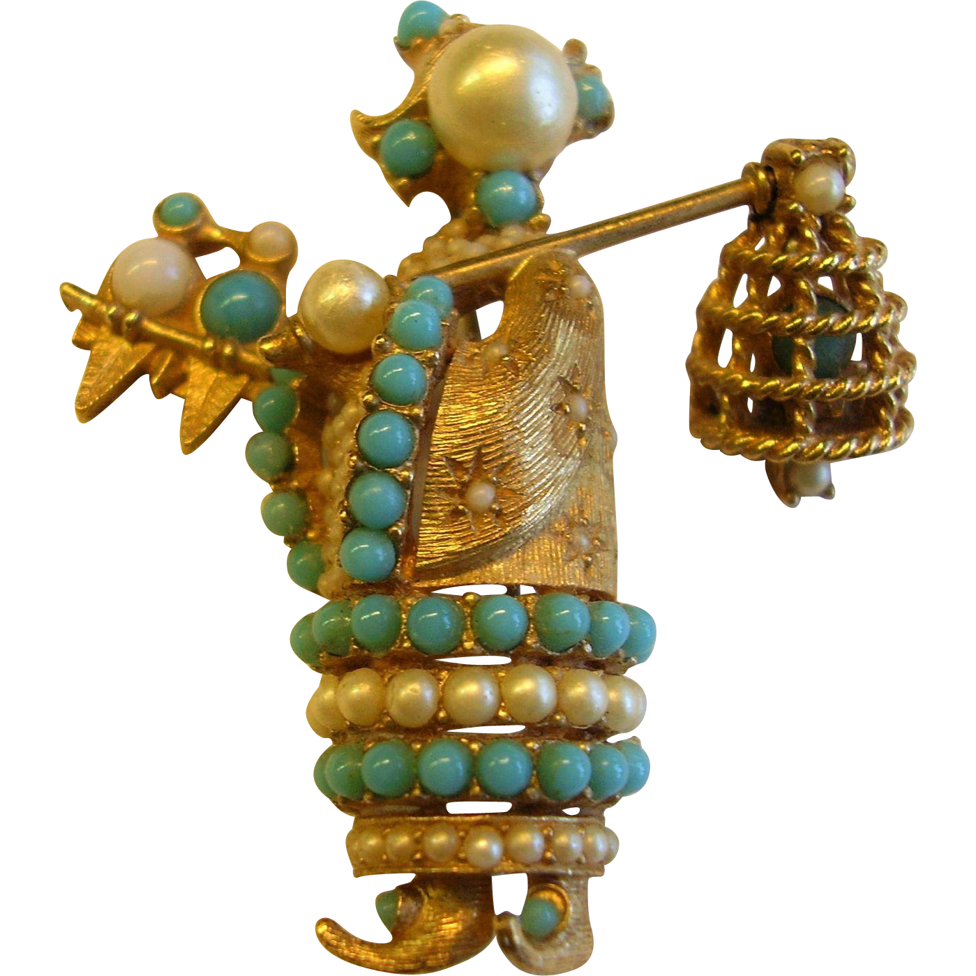 Figural Pin With Lovebirds And Bird Cage Faux Turquoise Pearls