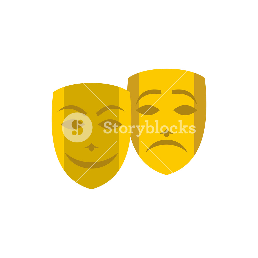 Gold Edy And Tragedy Theatrical Masks Icon In Flat Style On A