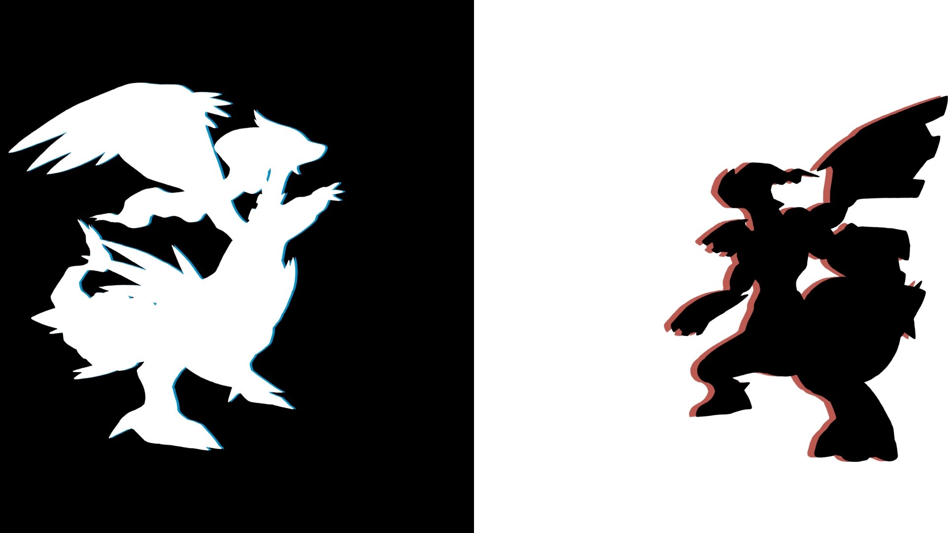 A silhouette of the Pokémon Latias and Latios against black and white backgrounds