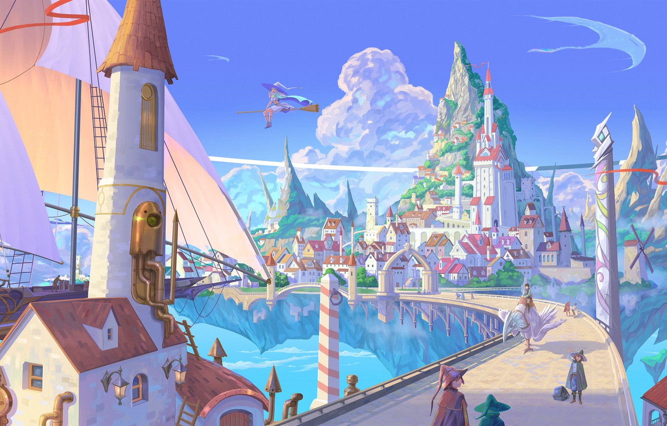 Wallpaper the city ship fantasy witch broom floating island
