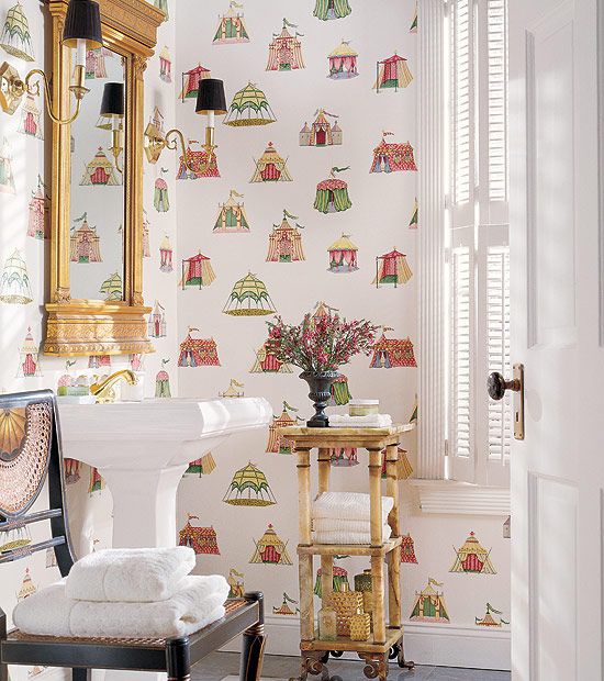 Pretty Tent Wallpaper In A Powder Room With Gold Accents And Black