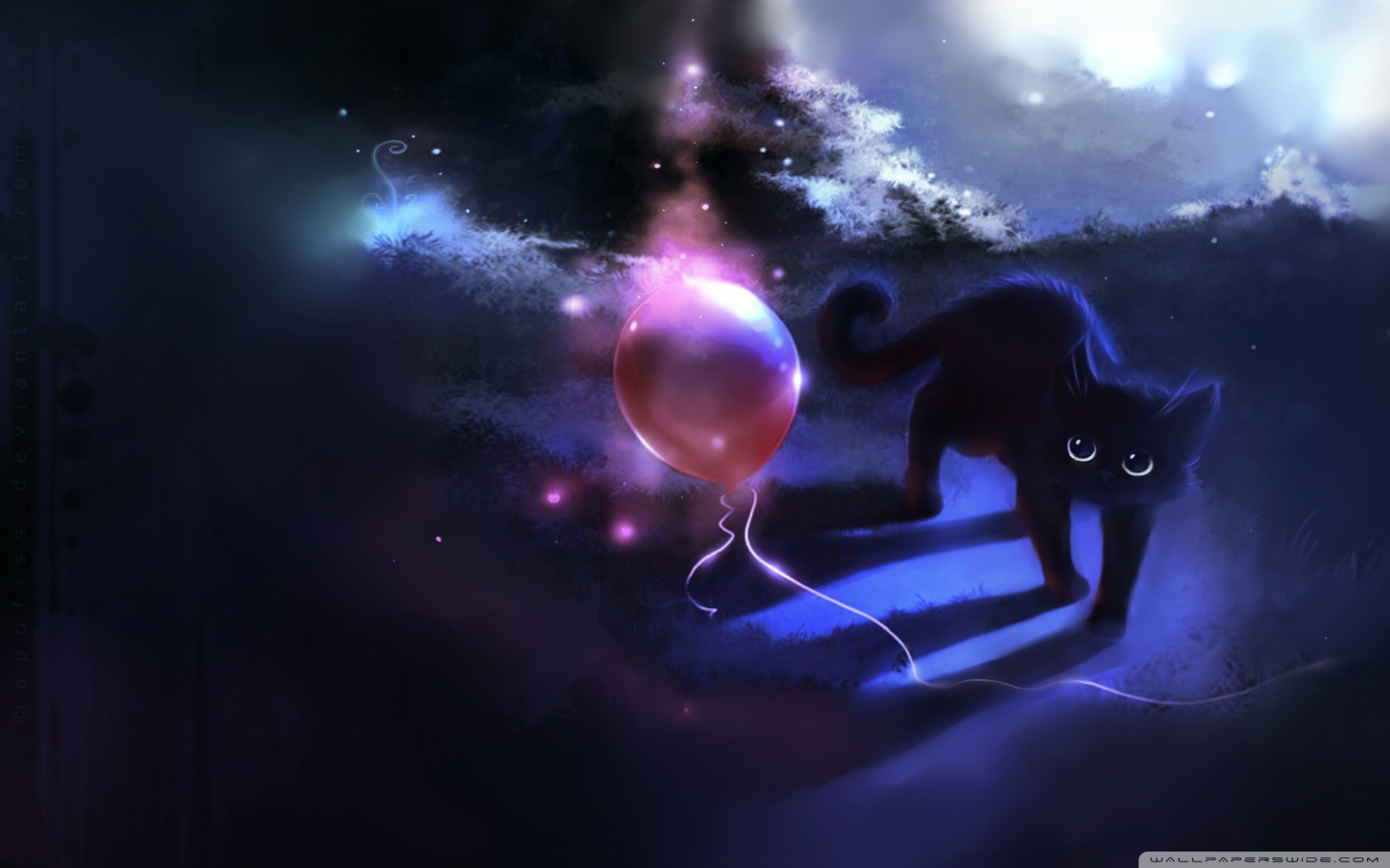 Black Kitty And A Red Balloon Ultra HD Desktop Background