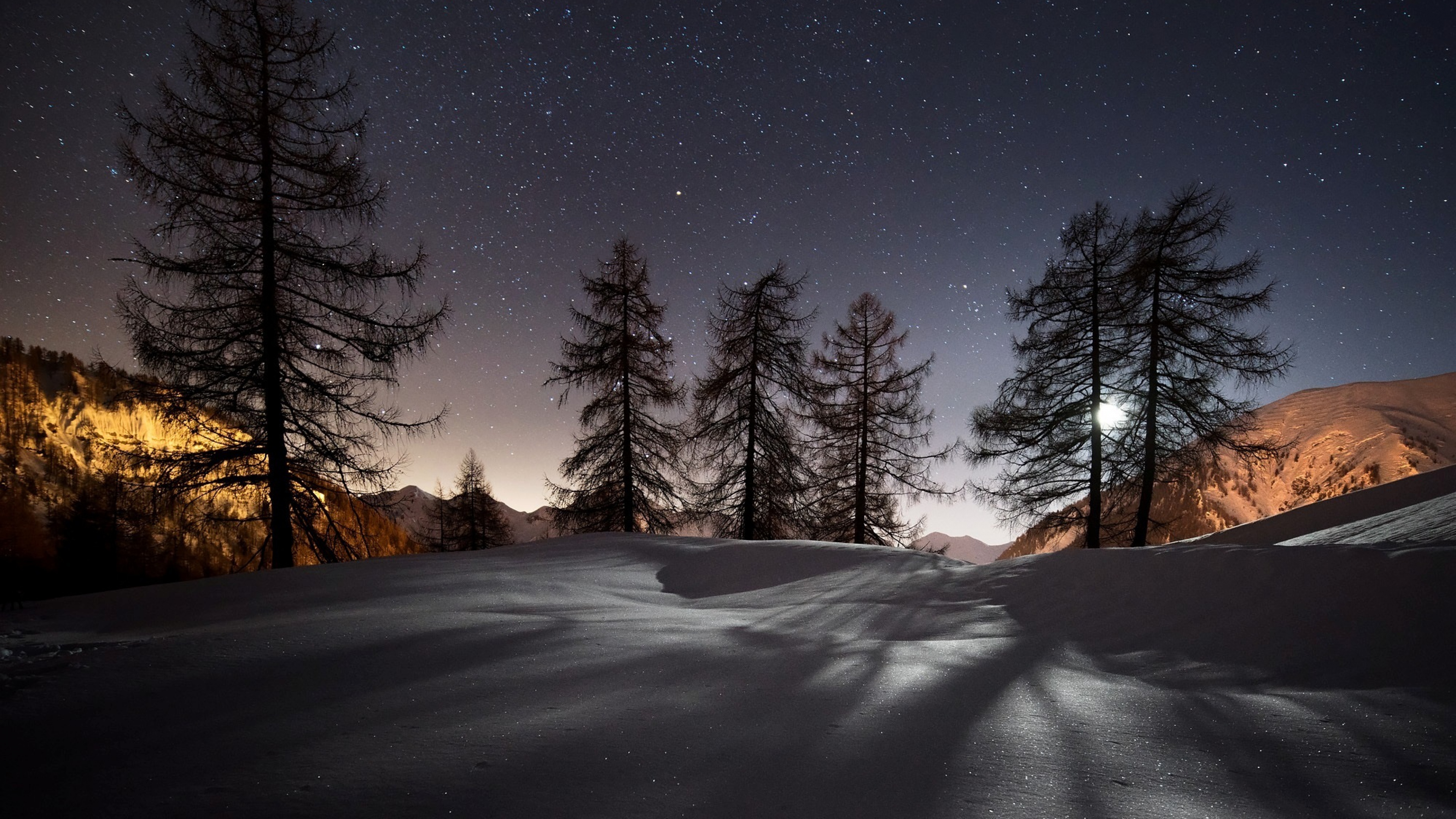 Download Wallpaper 3840x2160 Winter Trees Snow Night Landscape 4K