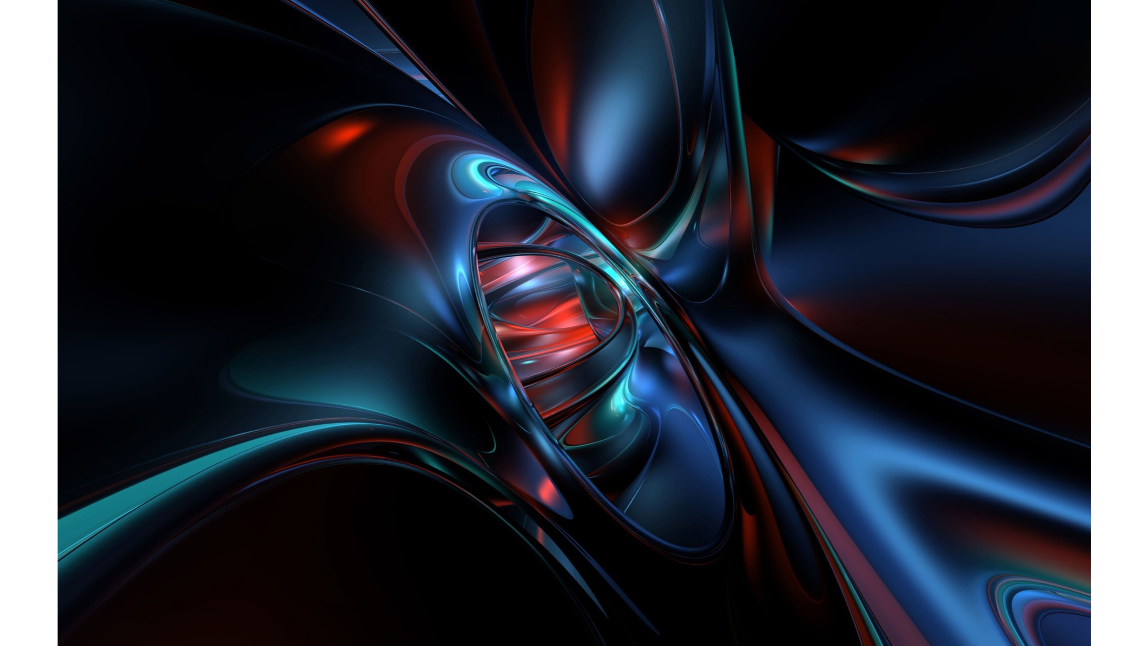 Abstract 4K wallpaper with swirling metallic shapes in red, blue, and teal, creating a dynamic and futuristic feel