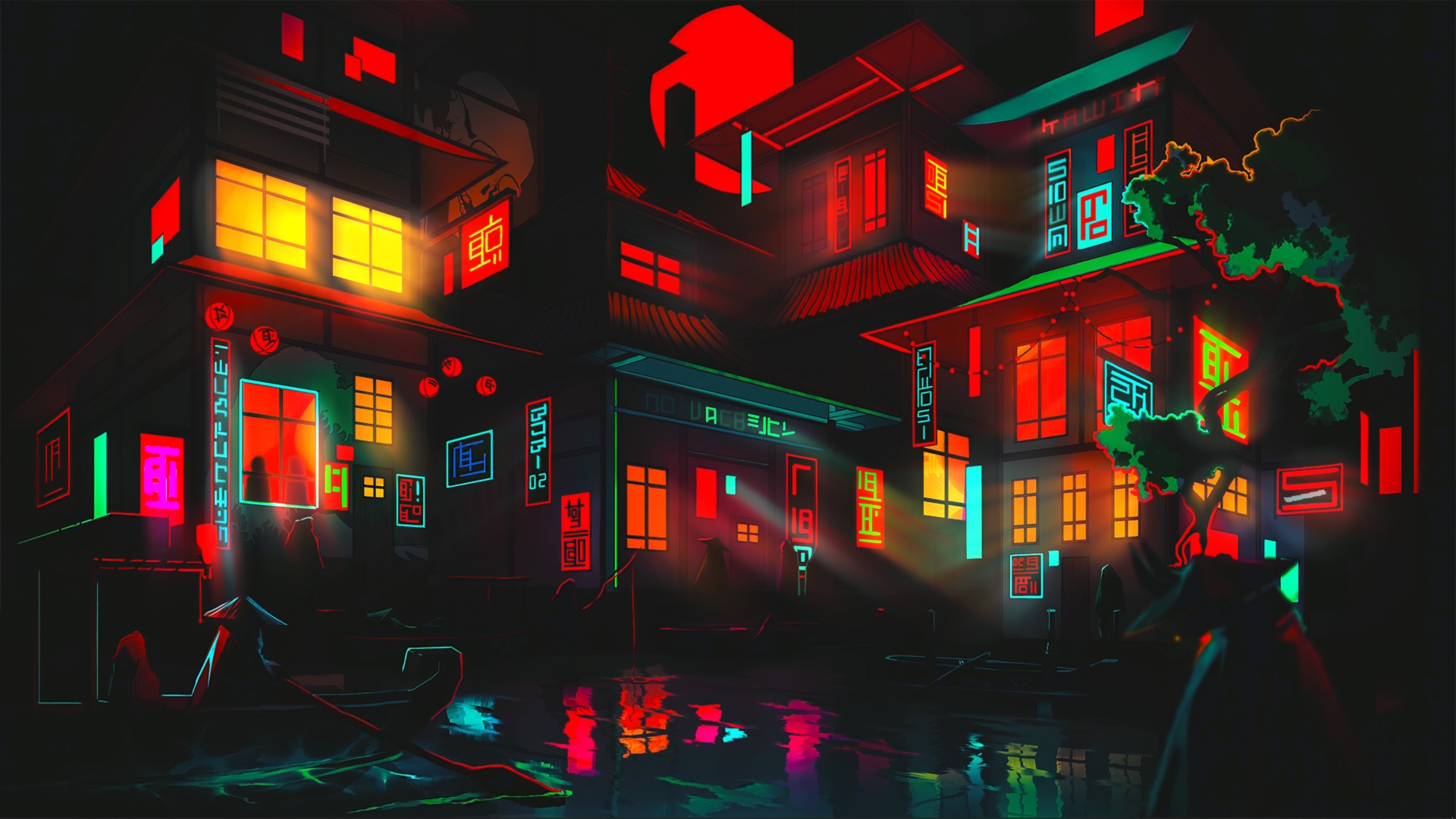 A stunning 4k wallpaper showcasing a vibrant Japanese cityscape at night, illuminated by neon signs and glowing lanterns
