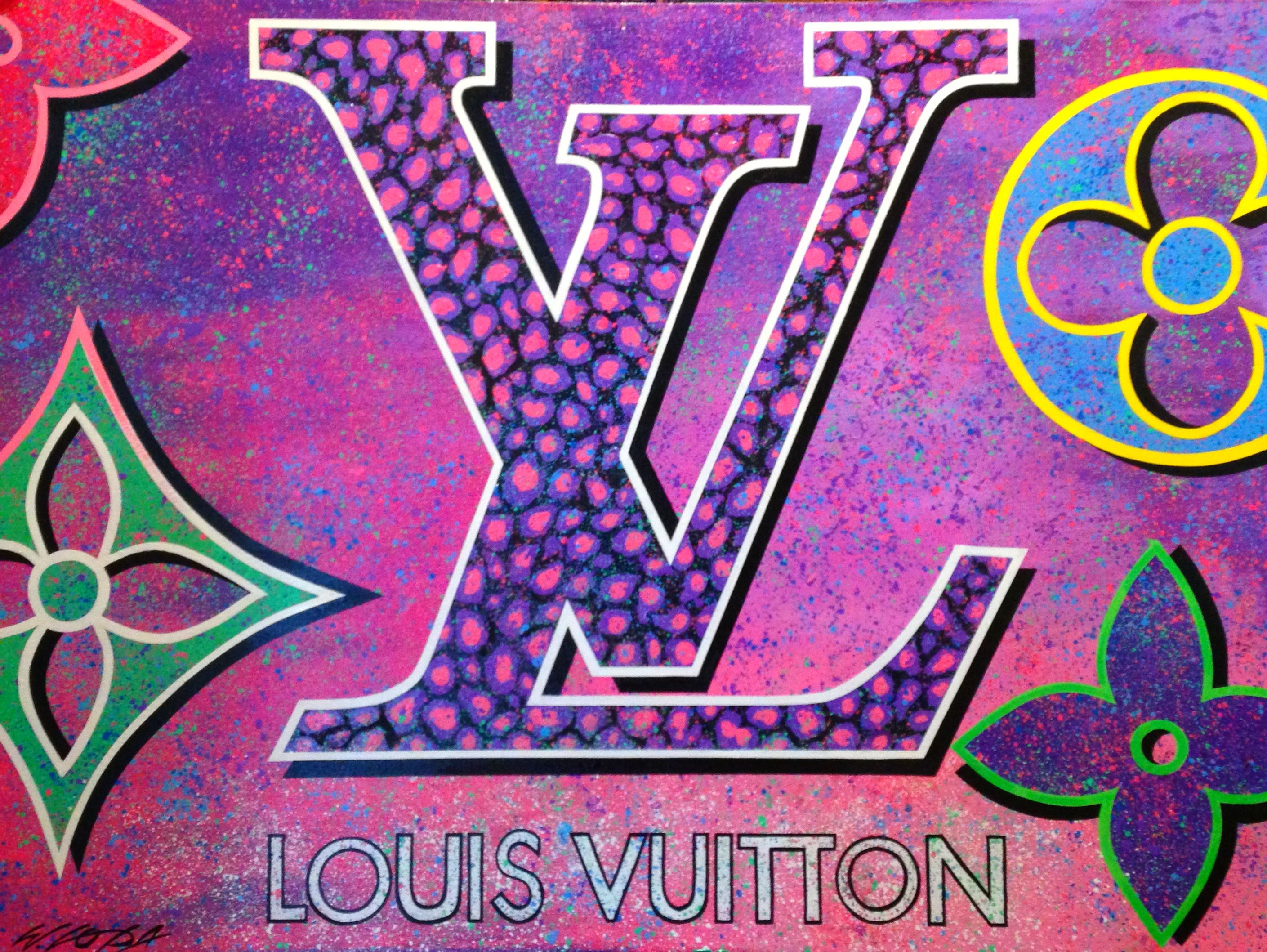 Louis Vuitton Logo Surrounded By Colorful Flowers And Leaves Wallpaper