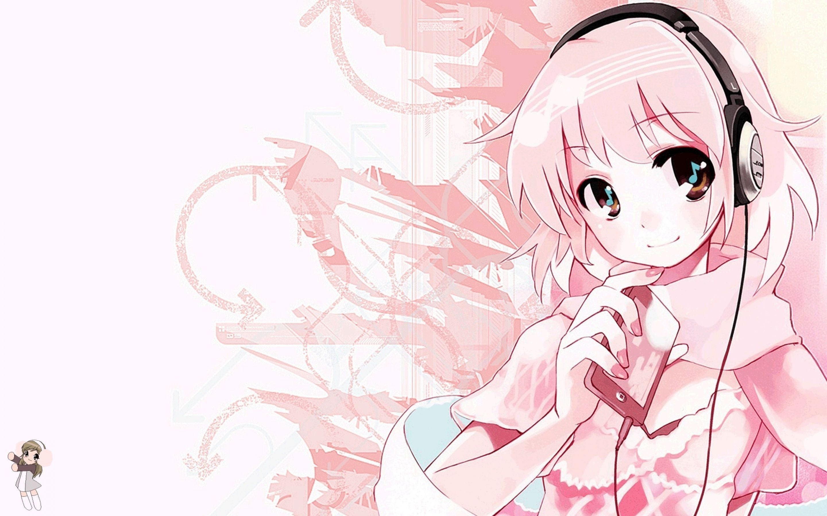 A cute anime girl with pink hair and headphones enjoys music on her phone against a stylish pink backdrop