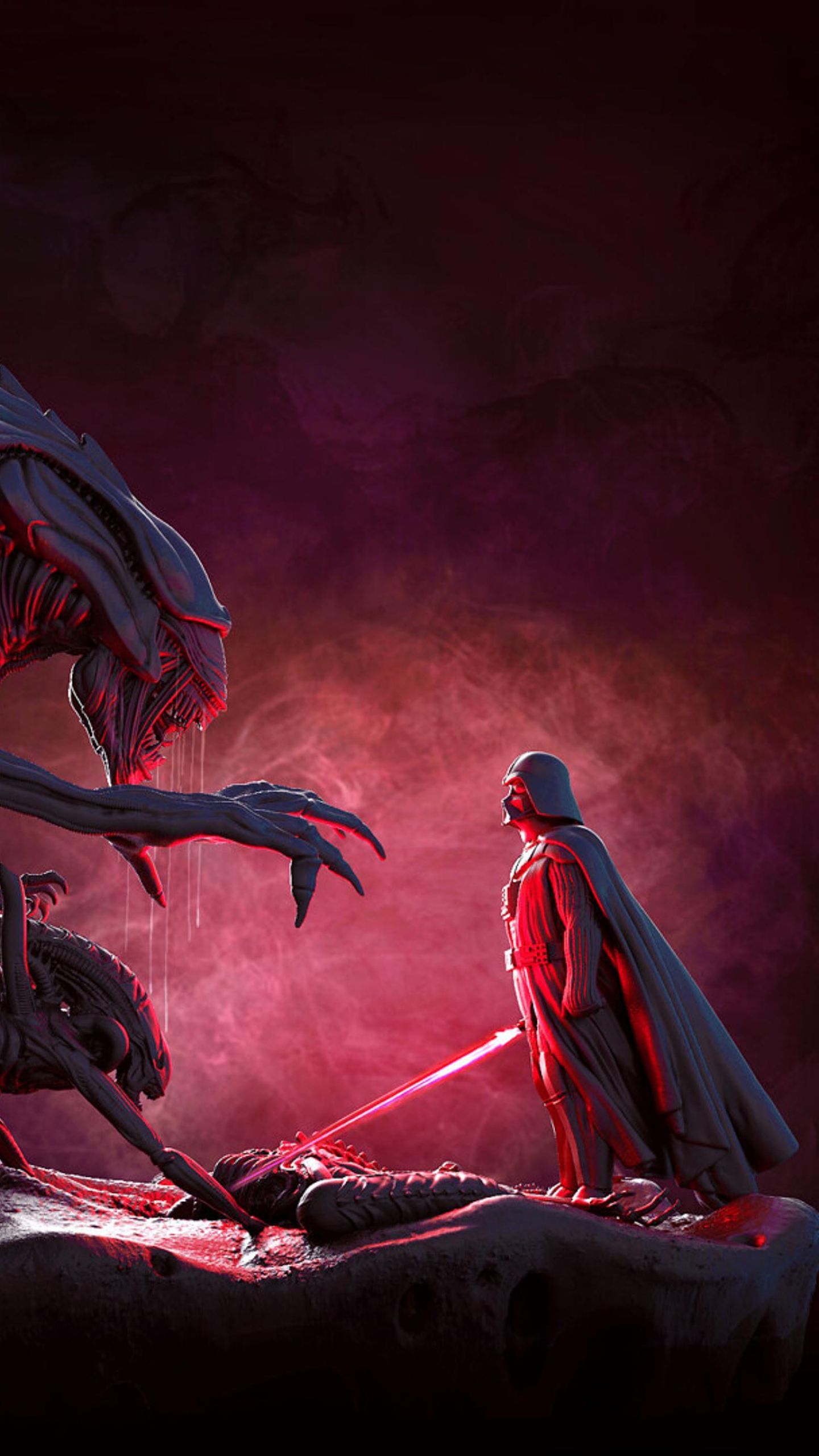 Darth Vader confronts Xenomorphs in a dramatic standoff, with his lightsaber ignited