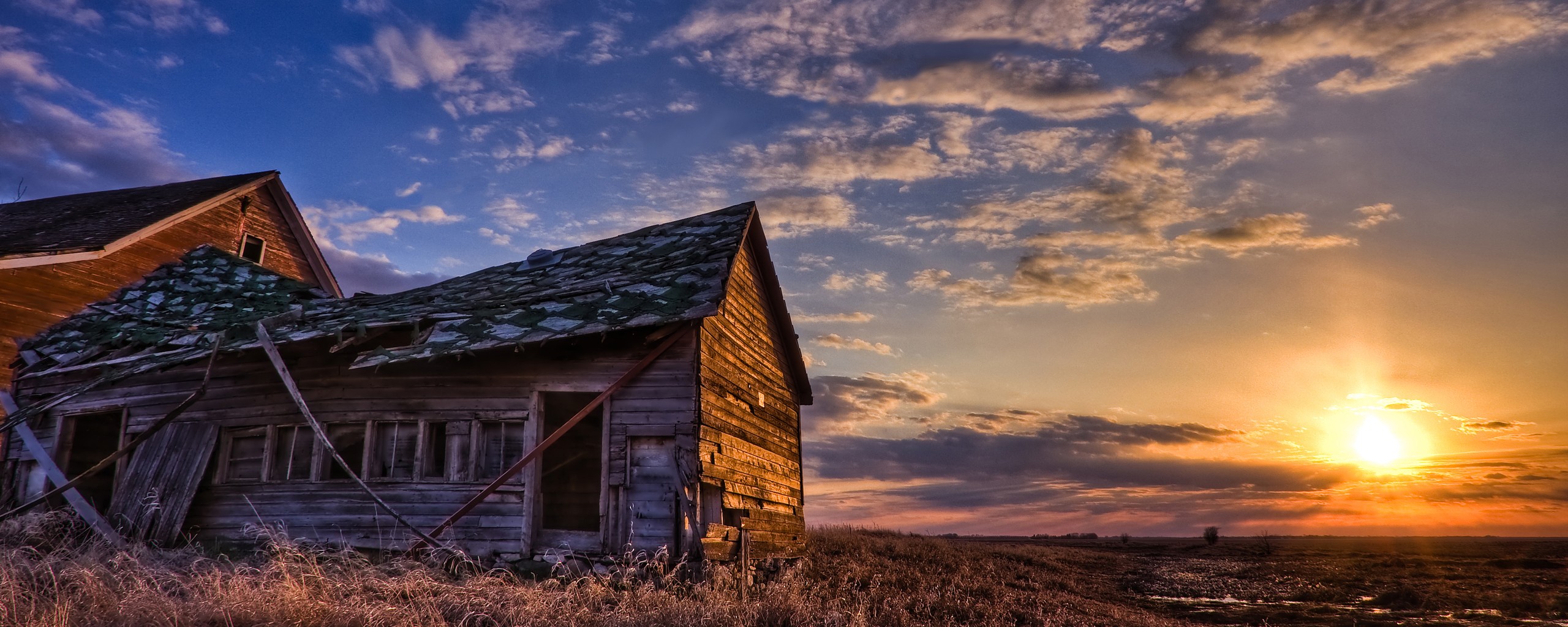 Sunset Old Houses Duel Dual Monitor Barn House HD Wallpaper Nature