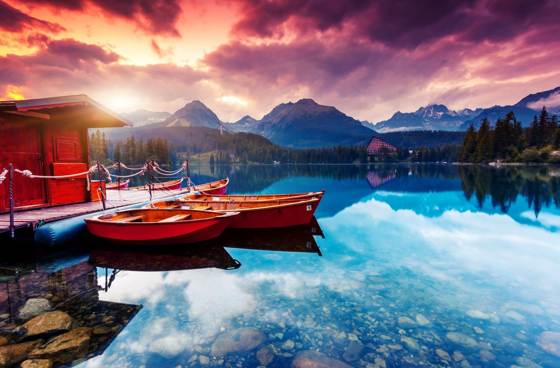 Slovakia High Tatras Sunset Mountain Lake Vehicle Boat HD Wallpaper